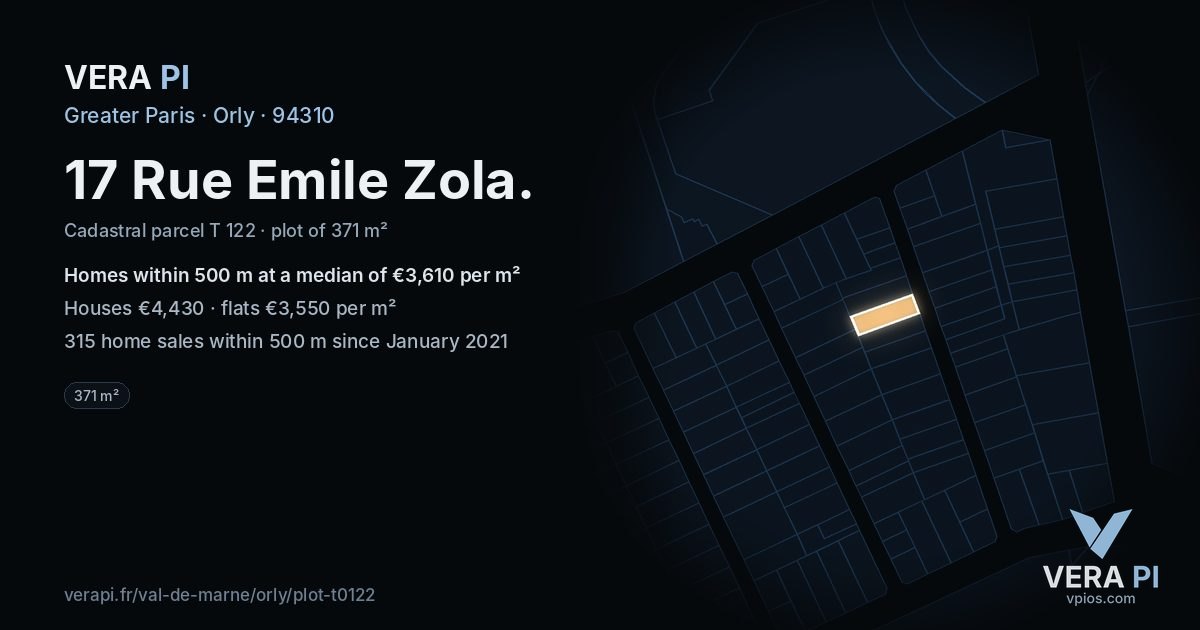 17 Rue Emile Zola, Orly at night – the plot lit, the parcels around coloured by the prices near them