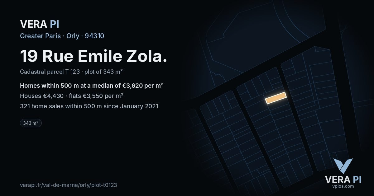 19 Rue Emile Zola, Orly at night – the plot lit, the parcels around coloured by the prices near them