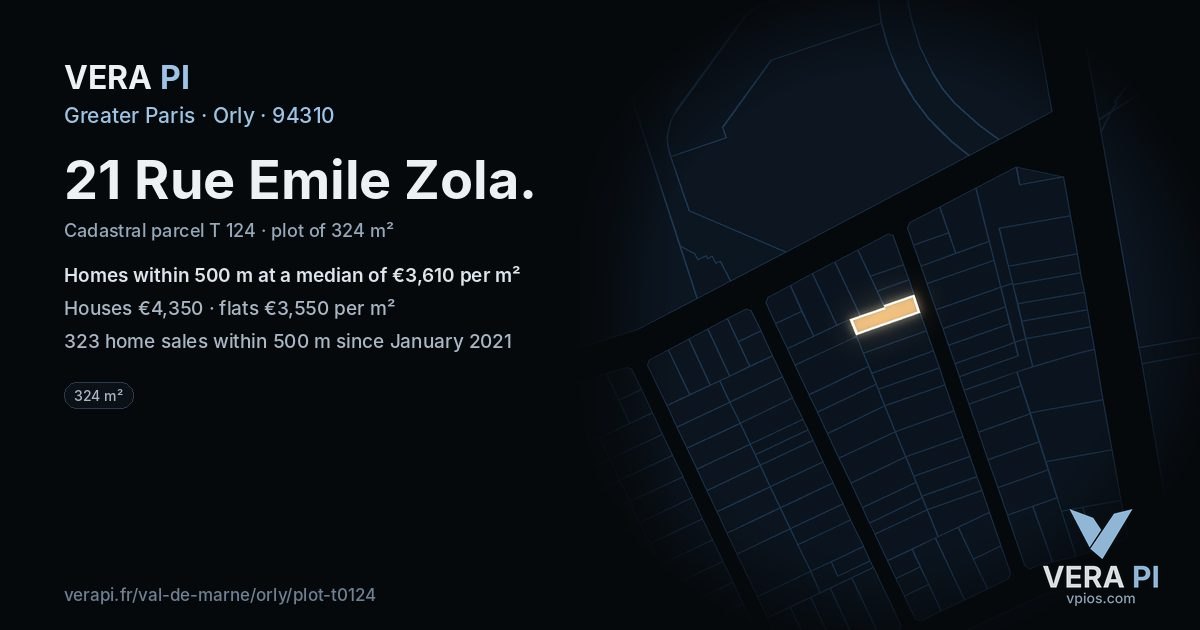 21 Rue Emile Zola, Orly at night – the plot lit, the parcels around coloured by the prices near them