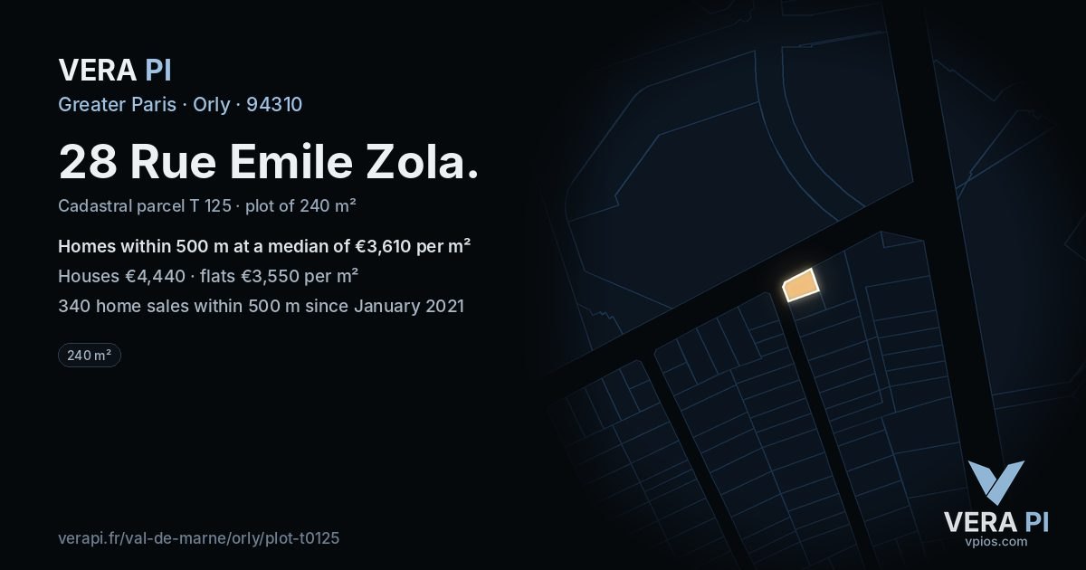 28 Rue Emile Zola, Orly at night – the plot lit, the parcels around coloured by the prices near them