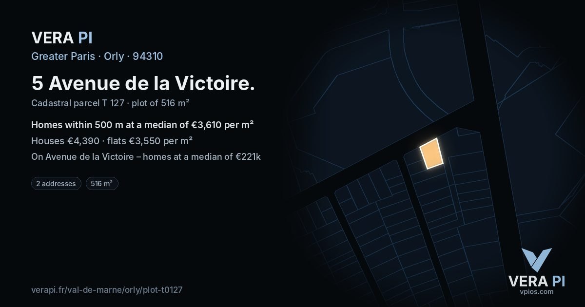 5 Avenue de la Victoire, Orly at night – the plot lit, the parcels around coloured by the prices near them