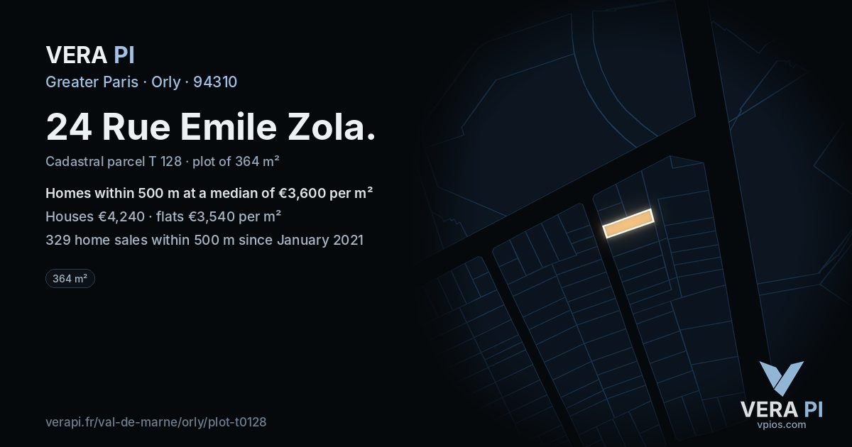 24 Rue Emile Zola, Orly at night – the plot lit, the parcels around coloured by the prices near them