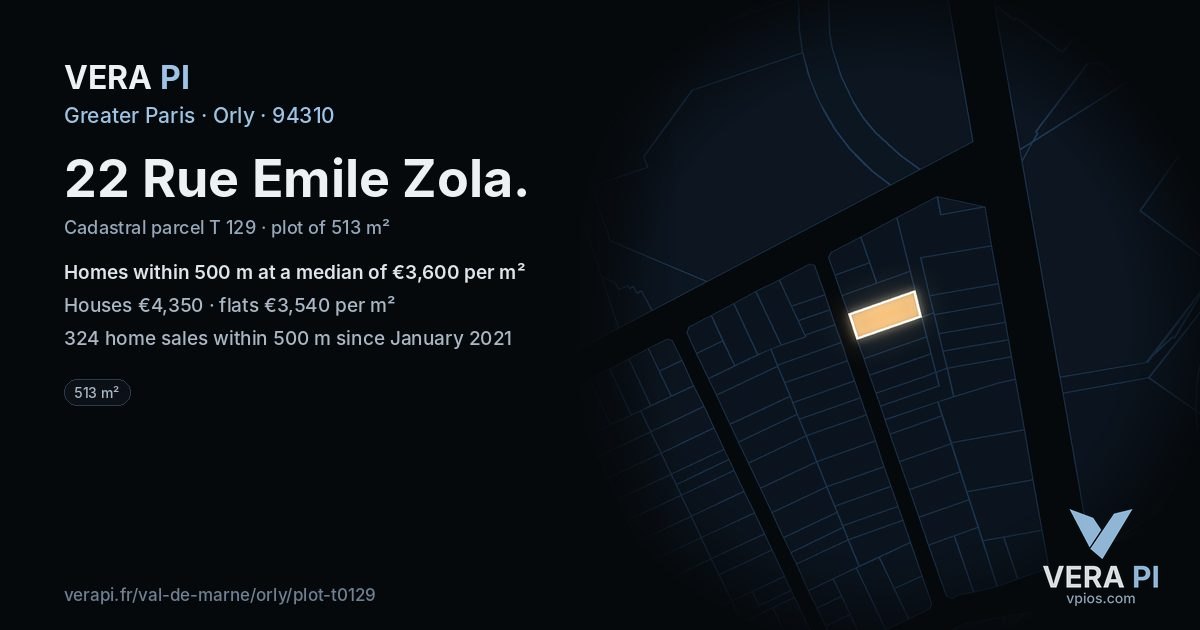 22 Rue Emile Zola, Orly at night – the plot lit, the parcels around coloured by the prices near them