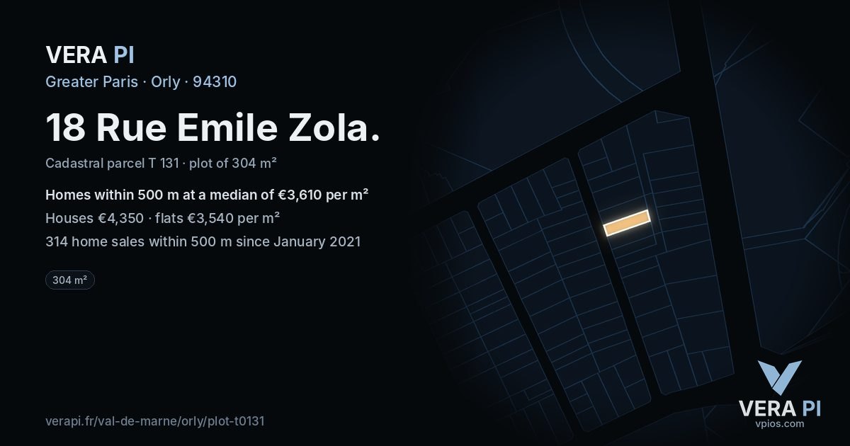 18 Rue Emile Zola, Orly at night – the plot lit, the parcels around coloured by the prices near them