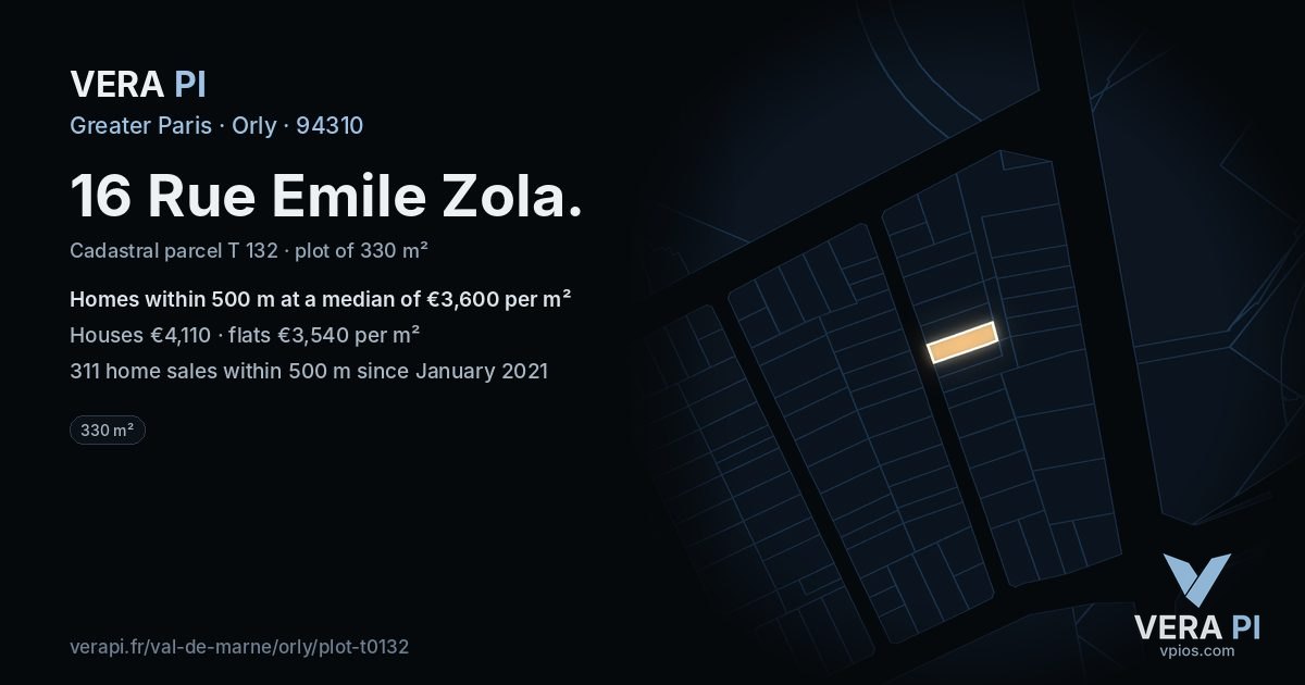 16 Rue Emile Zola, Orly at night – the plot lit, the parcels around coloured by the prices near them