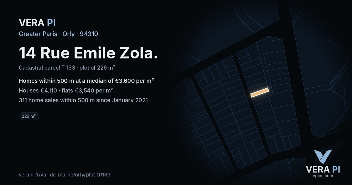 14 Rue Emile Zola, Orly at night – the plot lit, the parcels around coloured by the prices near them