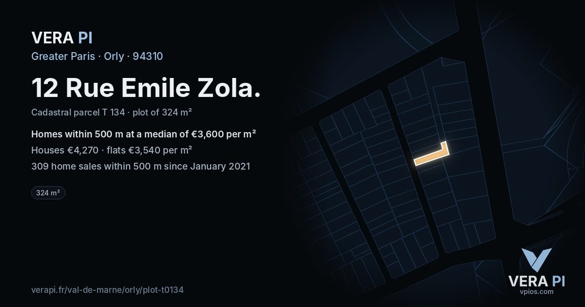 12 Rue Emile Zola, Orly at night – the plot lit, the parcels around coloured by the prices near them
