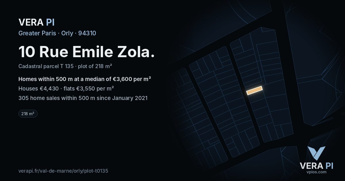 10 Rue Emile Zola, Orly at night – the plot lit, the parcels around coloured by the prices near them