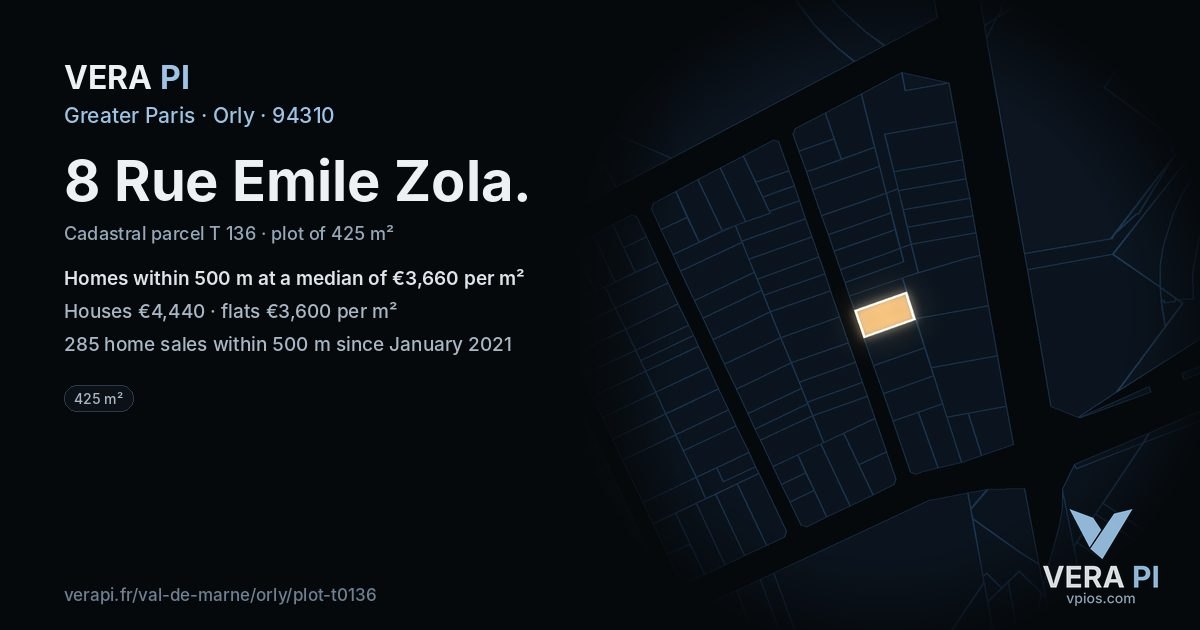 8 Rue Emile Zola, Orly at night – the plot lit, the parcels around coloured by the prices near them