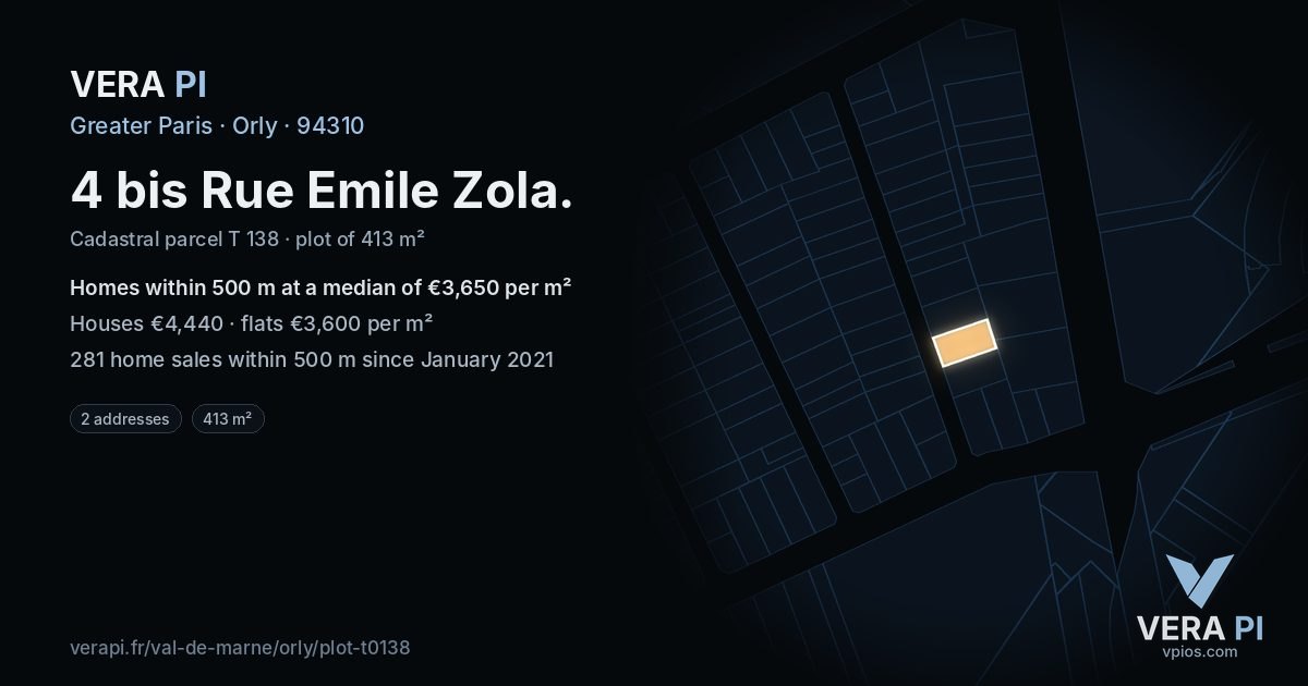 4 bis Rue Emile Zola, Orly at night – the plot lit, the parcels around coloured by the prices near them