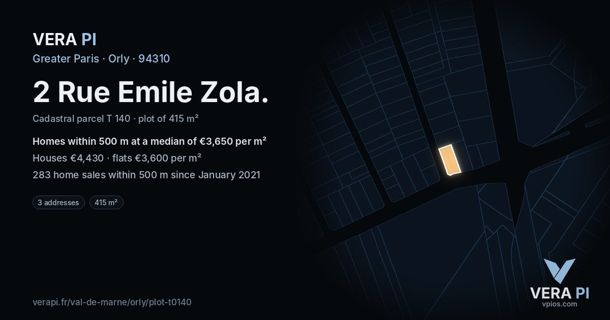 2 Rue Emile Zola, Orly at night – the plot lit, the parcels around coloured by the prices near them