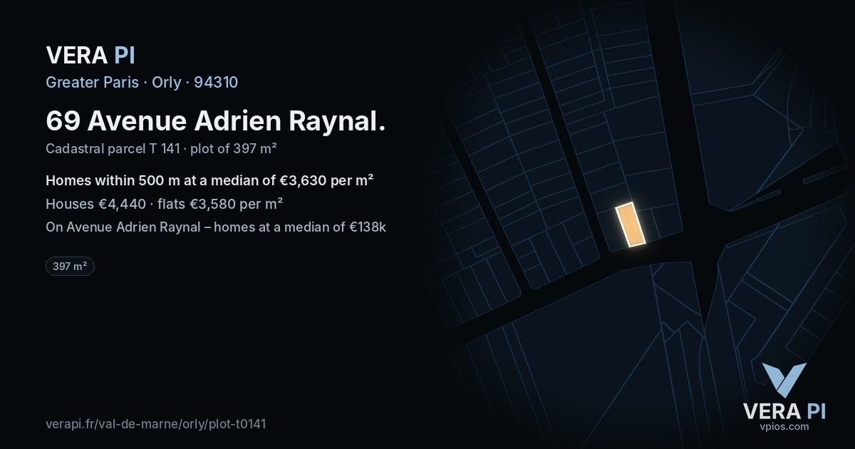 69 Avenue Adrien Raynal, Orly at night – the plot lit, the parcels around coloured by the prices near them
