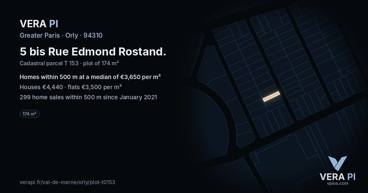 5 bis Rue Edmond Rostand, Orly at night – the plot lit, the parcels around coloured by the prices near them