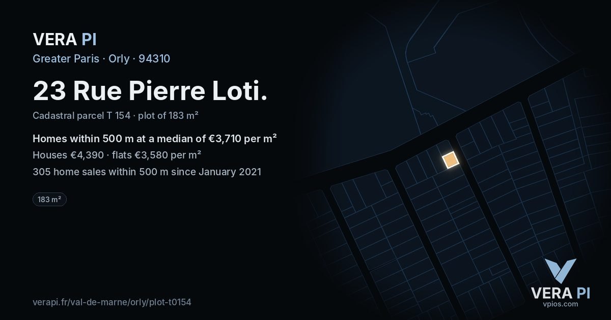 23 Rue Pierre Loti, Orly at night – the plot lit, the parcels around coloured by the prices near them