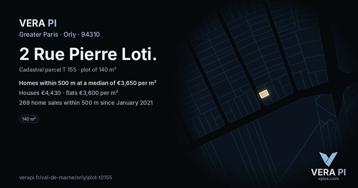 2 Rue Pierre Loti, Orly at night – the plot lit, the parcels around coloured by the prices near them