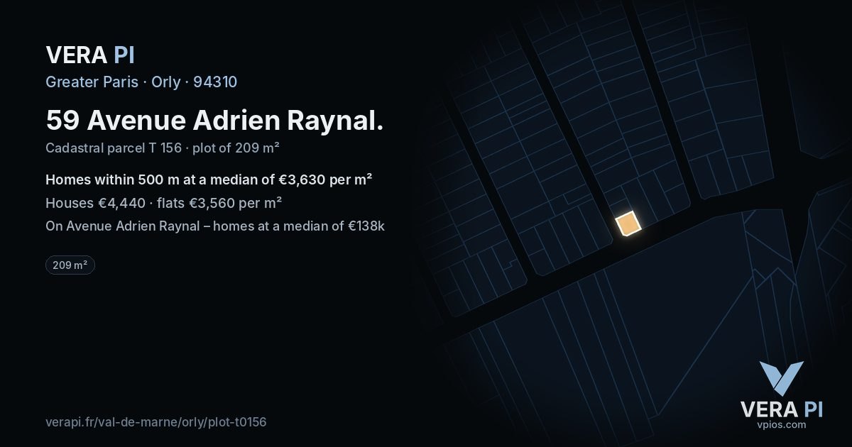 59 Avenue Adrien Raynal, Orly at night – the plot lit, the parcels around coloured by the prices near them