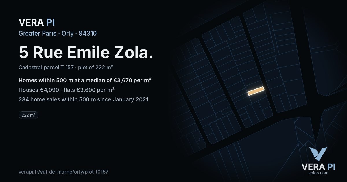 5 Rue Emile Zola, Orly at night – the plot lit, the parcels around coloured by the prices near them