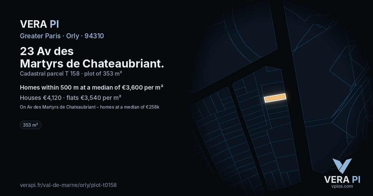 23 Av des Martyrs de Chateaubriant, Orly at night – the plot lit, the parcels around coloured by the prices near them