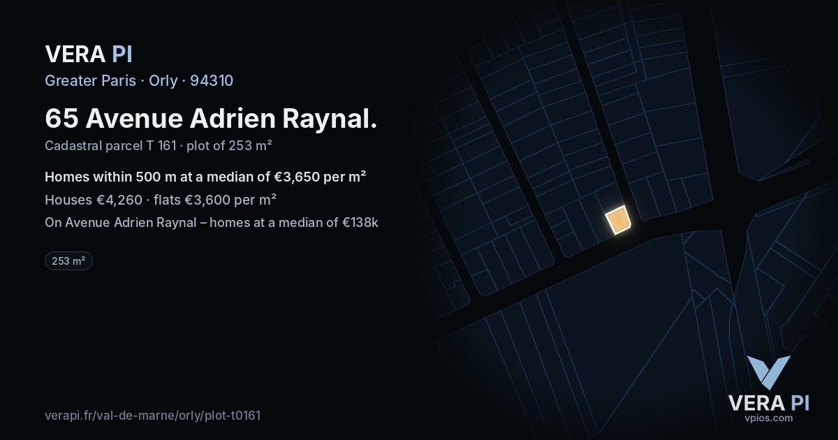 65 Avenue Adrien Raynal, Orly at night – the plot lit, the parcels around coloured by the prices near them