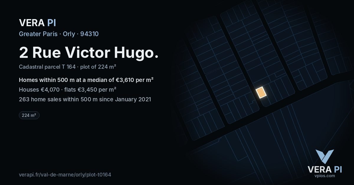 2 Rue Victor Hugo, Orly at night – the plot lit, the parcels around coloured by the prices near them