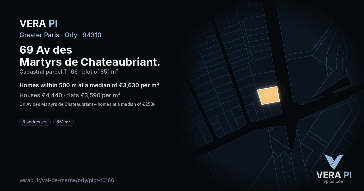 69 Av des Martyrs de Chateaubriant, Orly at night – the plot lit, the parcels around coloured by the prices near them