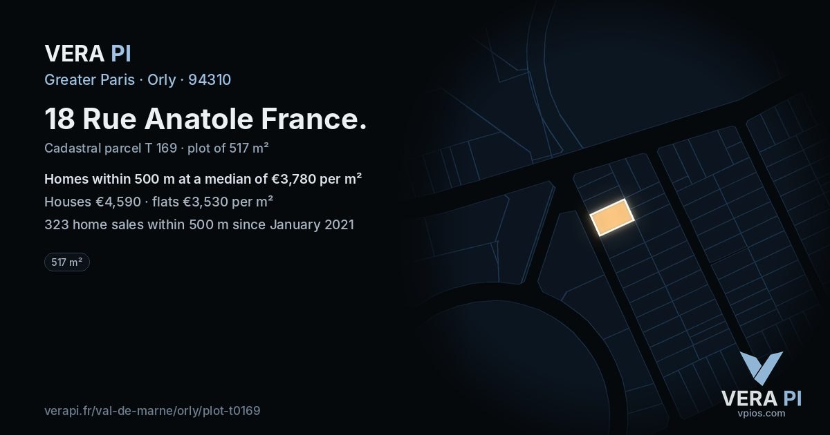 18 Rue Anatole France, Orly at night – the plot lit, the parcels around coloured by the prices near them