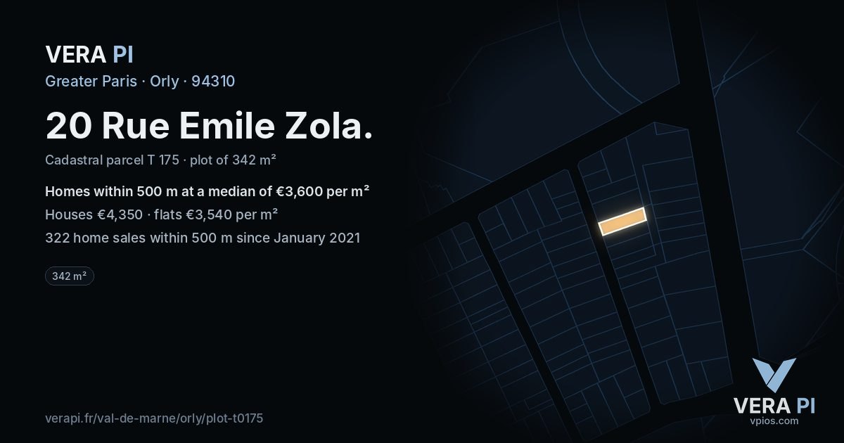 20 Rue Emile Zola, Orly at night – the plot lit, the parcels around coloured by the prices near them