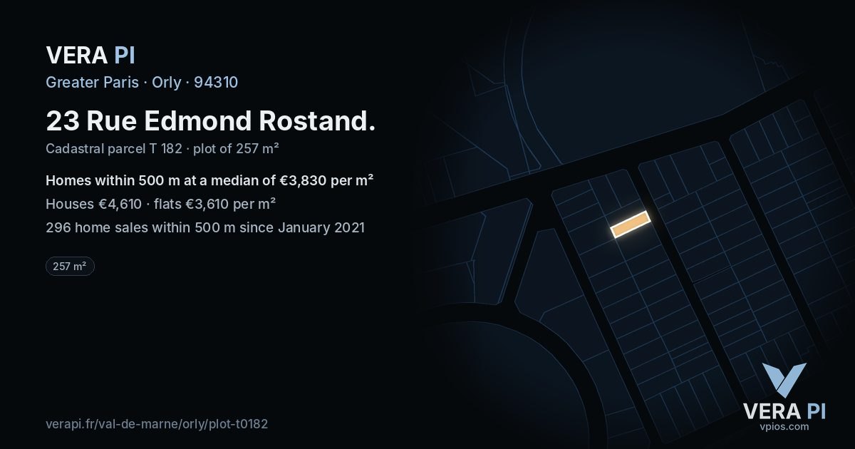 23 Rue Edmond Rostand, Orly at night – the plot lit, the parcels around coloured by the prices near them