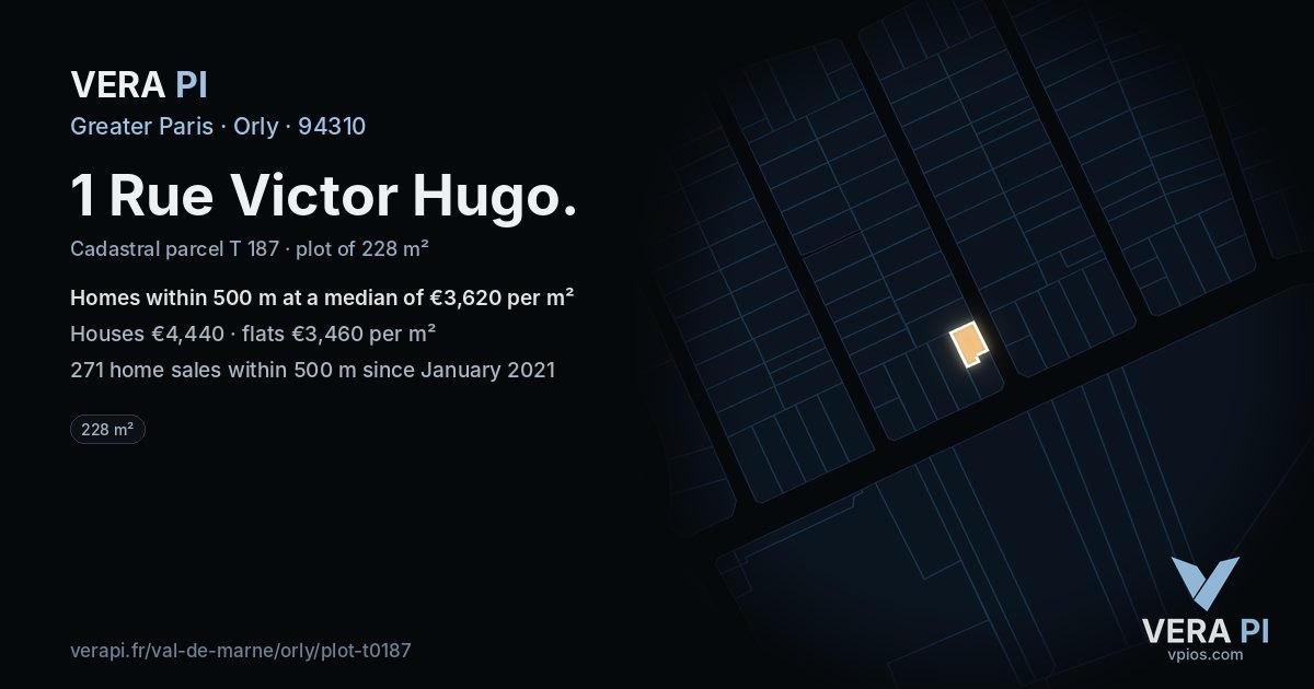 1 Rue Victor Hugo, Orly at night – the plot lit, the parcels around coloured by the prices near them