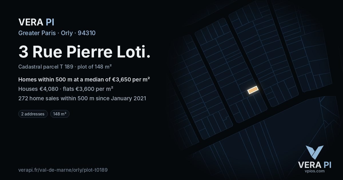 3 Rue Pierre Loti, Orly at night – the plot lit, the parcels around coloured by the prices near them