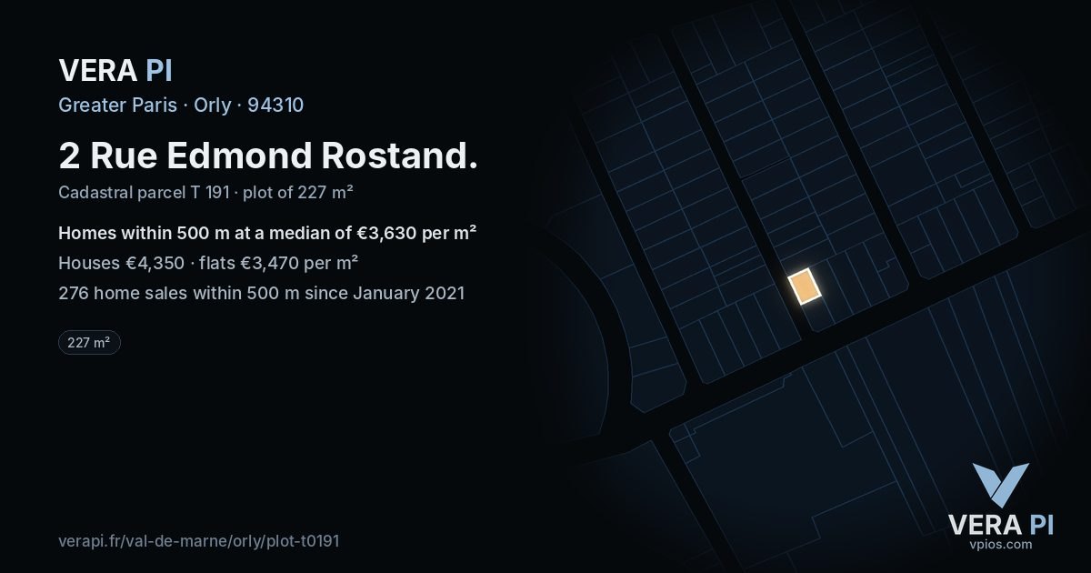 2 Rue Edmond Rostand, Orly at night – the plot lit, the parcels around coloured by the prices near them