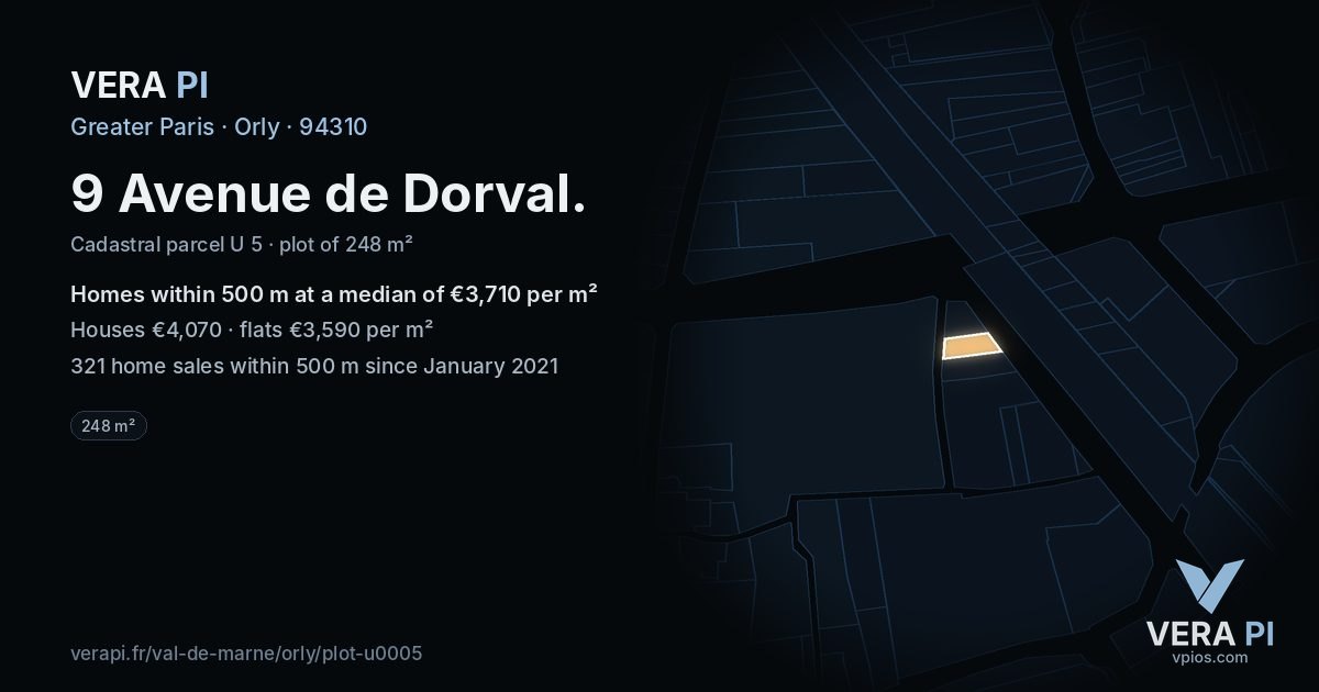 9 Avenue de Dorval, Orly at night – the plot lit, the parcels around coloured by the prices near them