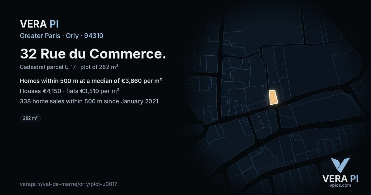 32 Rue du Commerce, Orly at night – the plot lit, the parcels around coloured by the prices near them