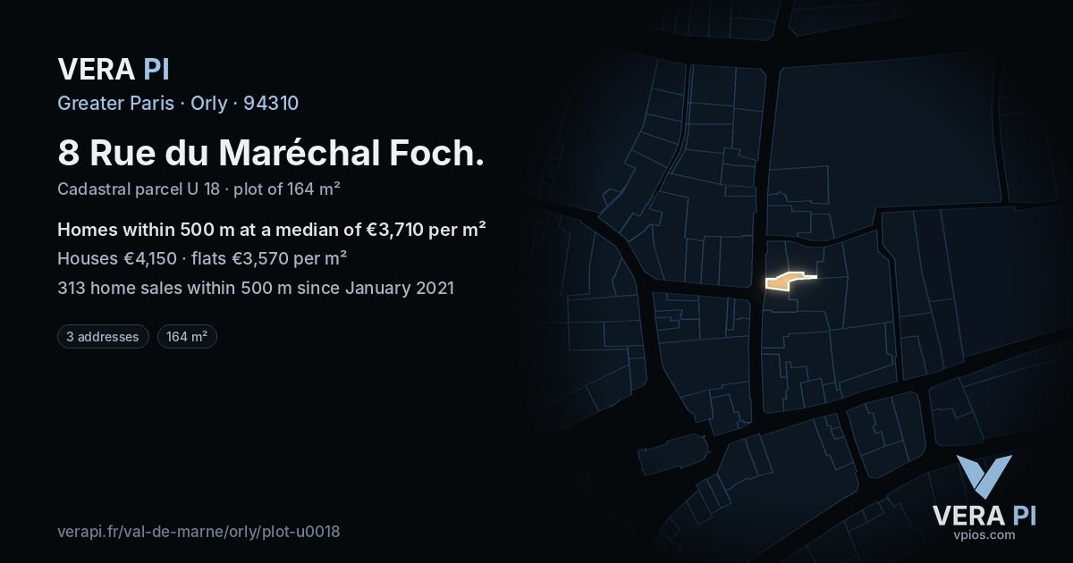 8 Rue du Maréchal Foch, Orly at night – the plot lit, the parcels around coloured by the prices near them