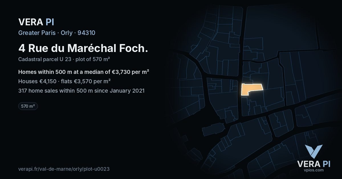 4 Rue du Maréchal Foch, Orly at night – the plot lit, the parcels around coloured by the prices near them