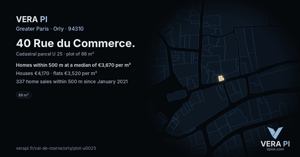 40 Rue du Commerce, Orly at night – the plot lit, the parcels around coloured by the prices near them