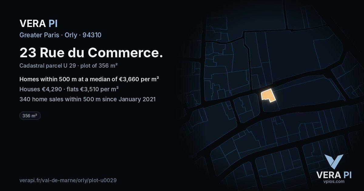 23 Rue du Commerce, Orly at night – the plot lit, the parcels around coloured by the prices near them