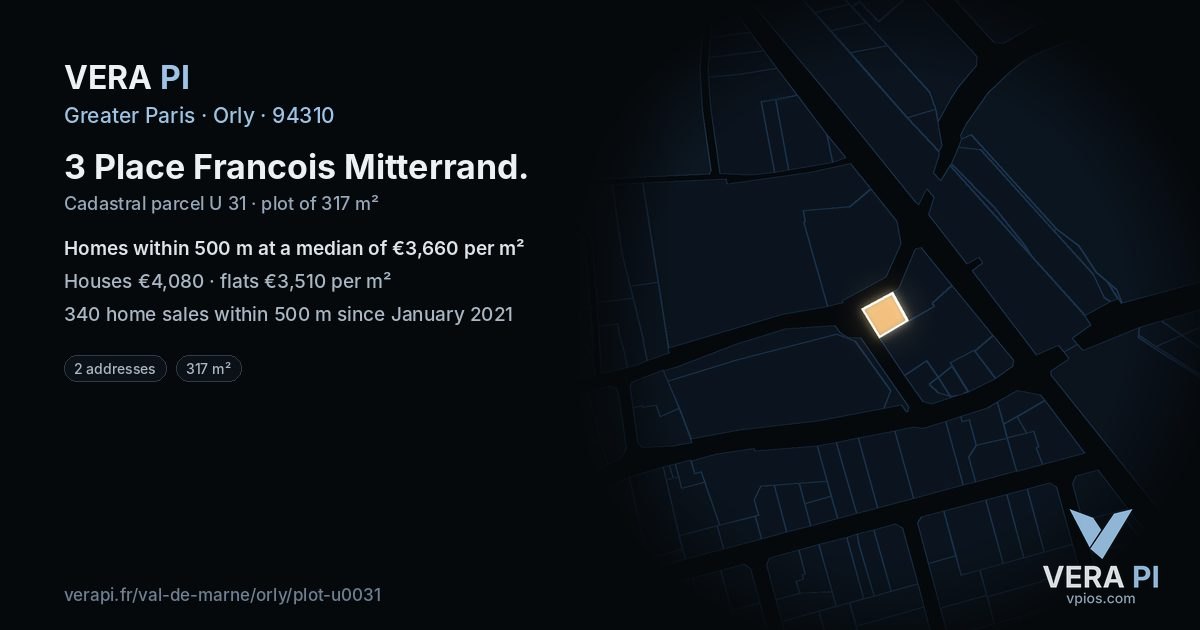 3 Place Francois Mitterrand, Orly at night – the plot lit, the parcels around coloured by the prices near them