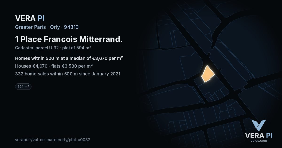 1 Place Francois Mitterrand, Orly at night – the plot lit, the parcels around coloured by the prices near them