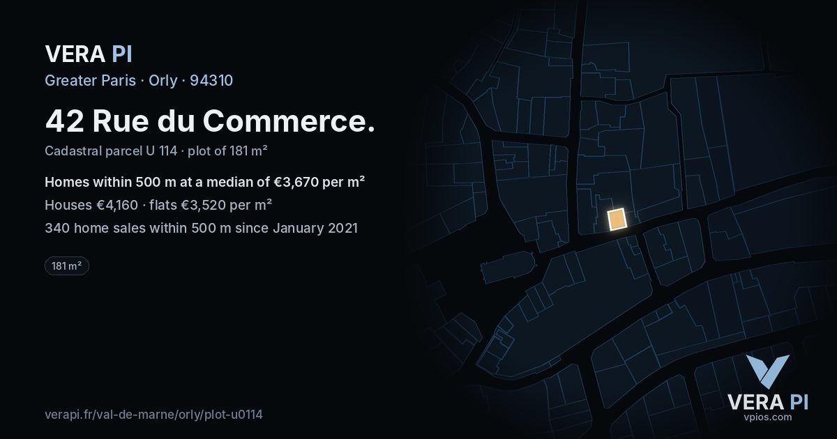42 Rue du Commerce, Orly at night – the plot lit, the parcels around coloured by the prices near them