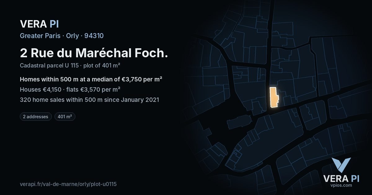 2 Rue du Maréchal Foch, Orly at night – the plot lit, the parcels around coloured by the prices near them