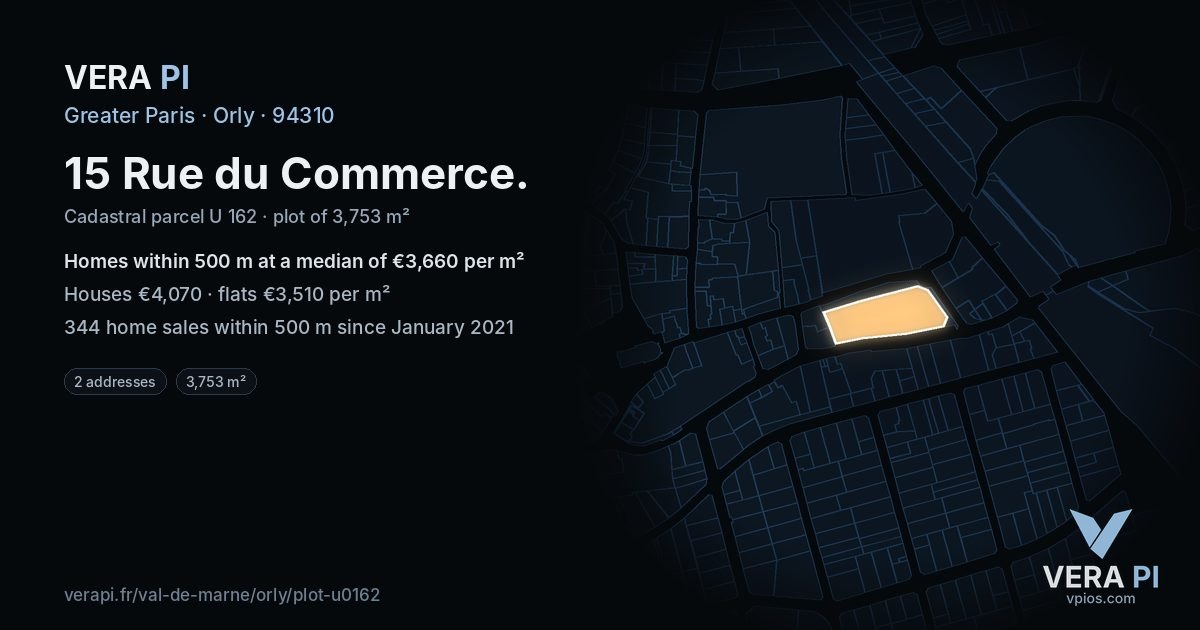 15 Rue du Commerce, Orly at night – the plot lit, the parcels around coloured by the prices near them