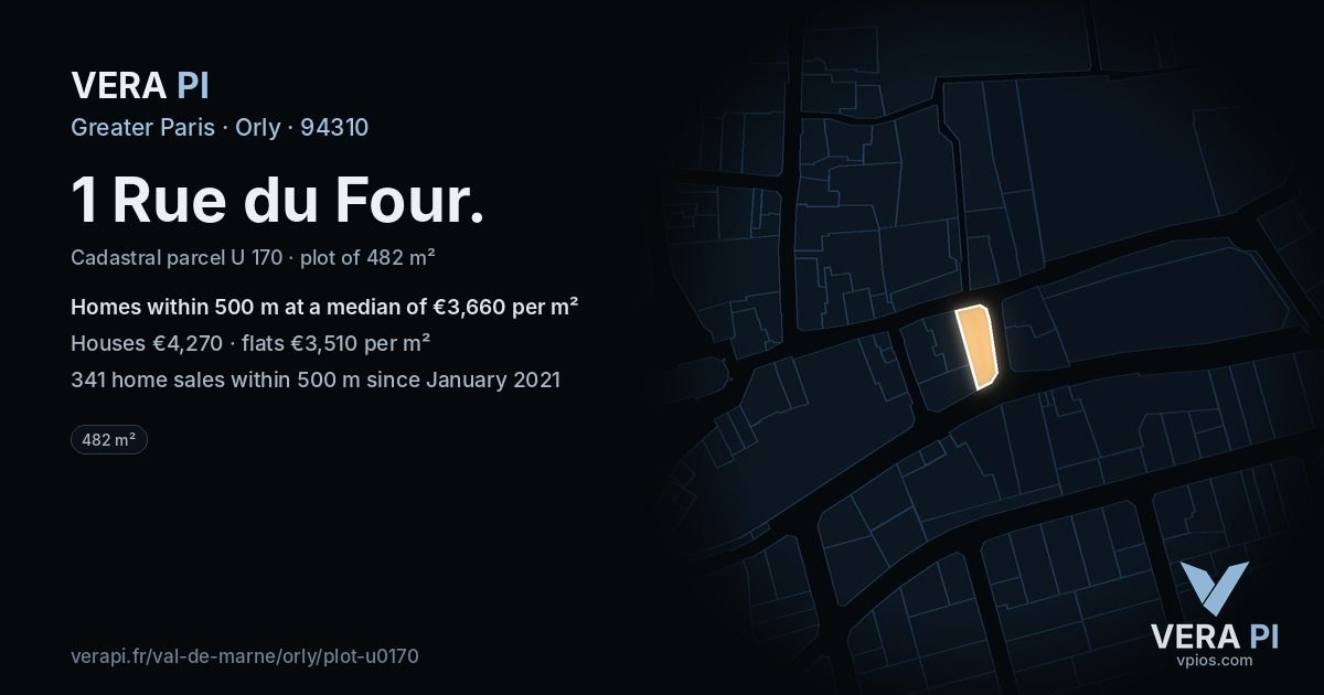 1 Rue du Four, Orly at night – the plot lit, the parcels around coloured by the prices near them
