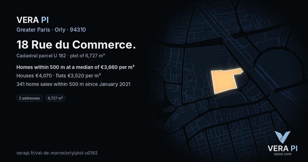 18 Rue du Commerce, Orly at night – the plot lit, the parcels around coloured by the prices near them