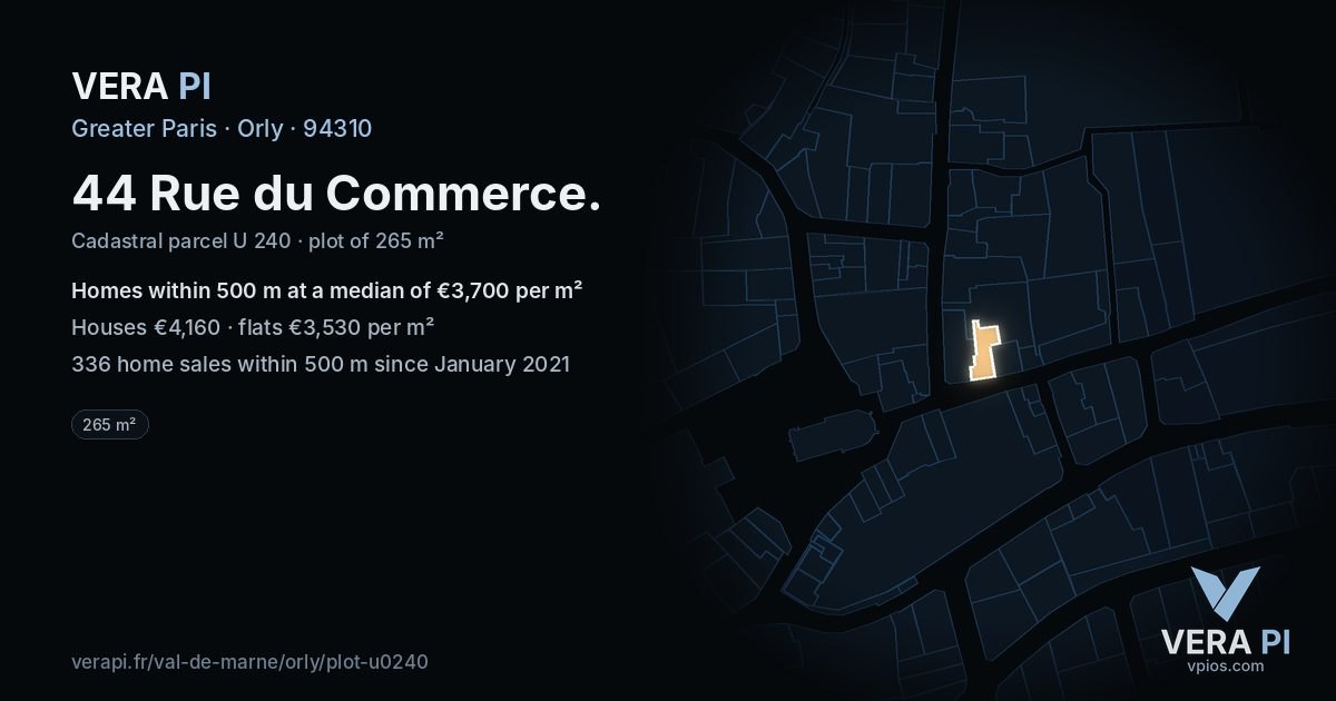 44 Rue du Commerce, Orly at night – the plot lit, the parcels around coloured by the prices near them