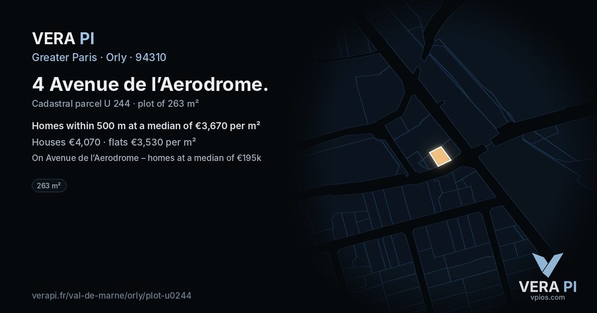 4 Avenue de l’Aerodrome, Orly at night – the plot lit, the parcels around coloured by the prices near them