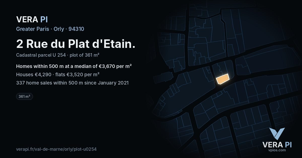 2 Rue du Plat d'Etain, Orly at night – the plot lit, the parcels around coloured by the prices near them