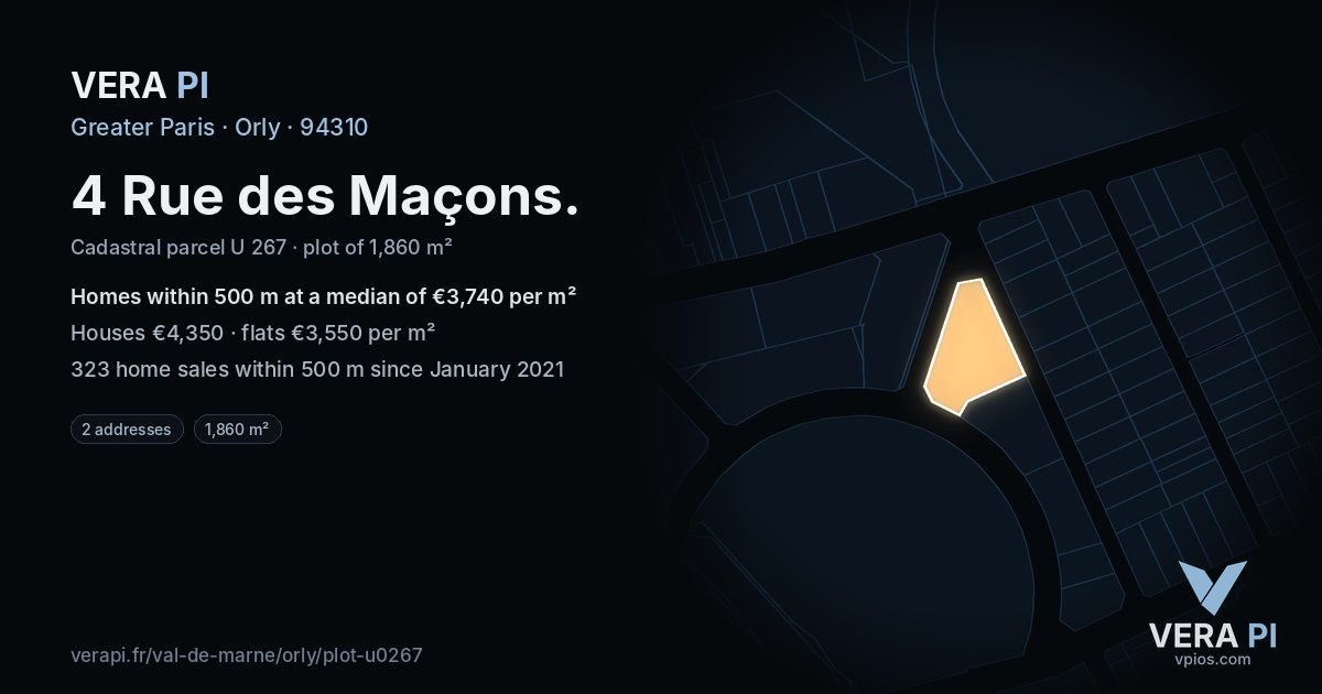 4 Rue des Maçons, Orly at night – the plot lit, the parcels around coloured by the prices near them