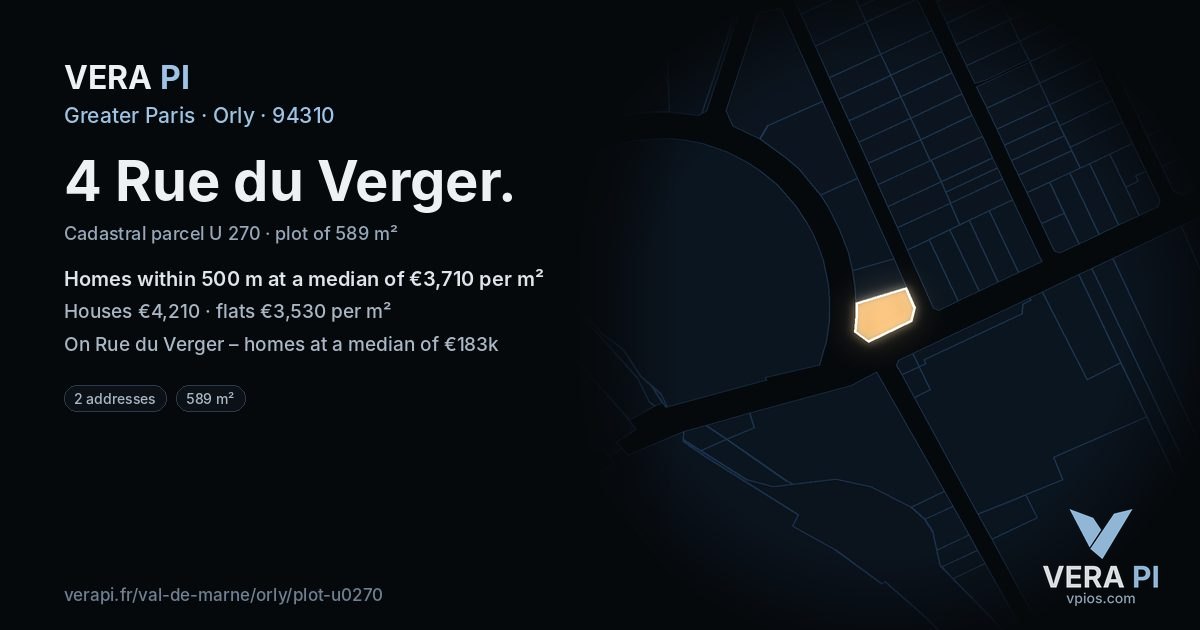 4 Rue du Verger, Orly at night – the plot lit, the parcels around coloured by the prices near them