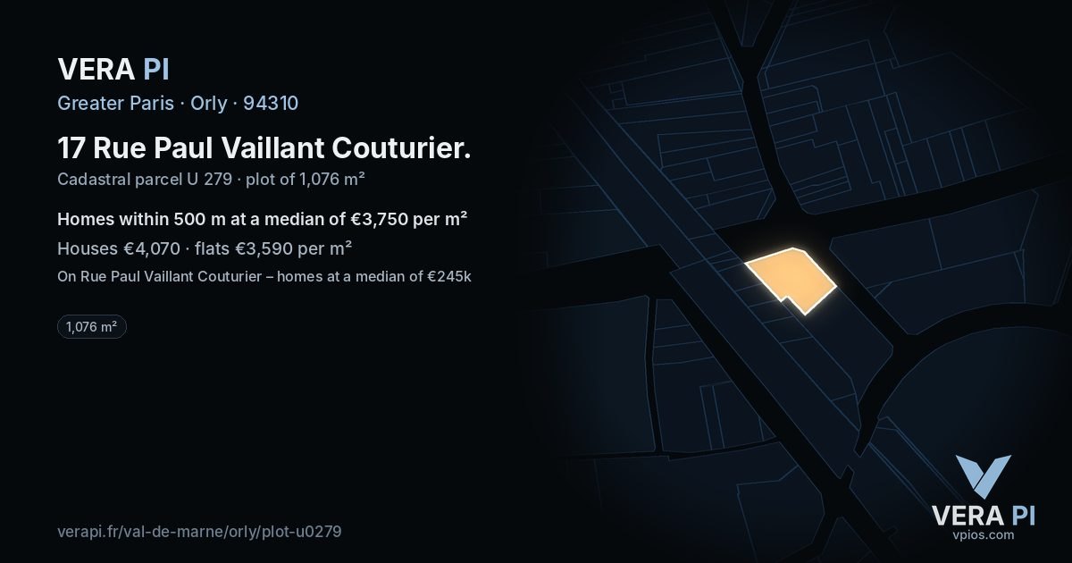 17 Rue Paul Vaillant Couturier, Orly at night – the plot lit, the parcels around coloured by the prices near them